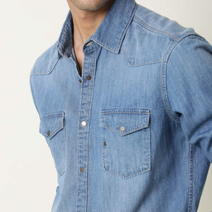 Rare Rabbit Men's Taison Light Blue Full Sleeves Denim Shirt