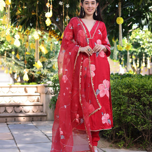 Raspberry Blush Red Handpainted Satin Suit Set