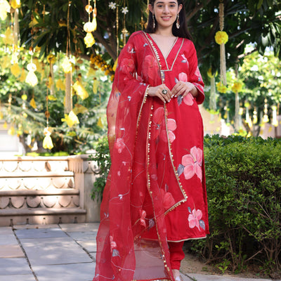 Raspberry Blush Red Handpainted Satin Suit Set