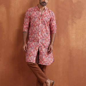 trueBrowns Men's Beige Printed Front Open Kurta