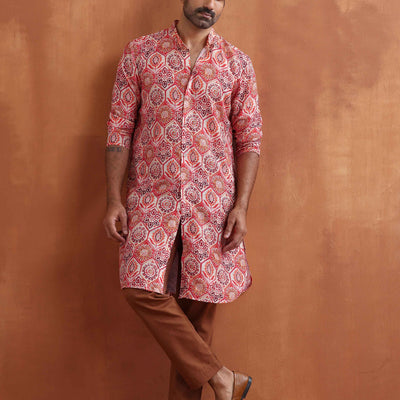 trueBrowns Men's Beige Printed Front Open Kurta