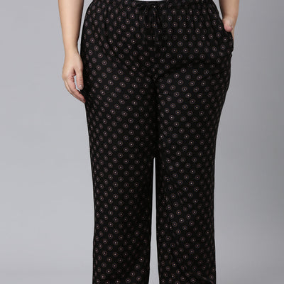 Women Printed Black Woven Viscose Lounge Pants