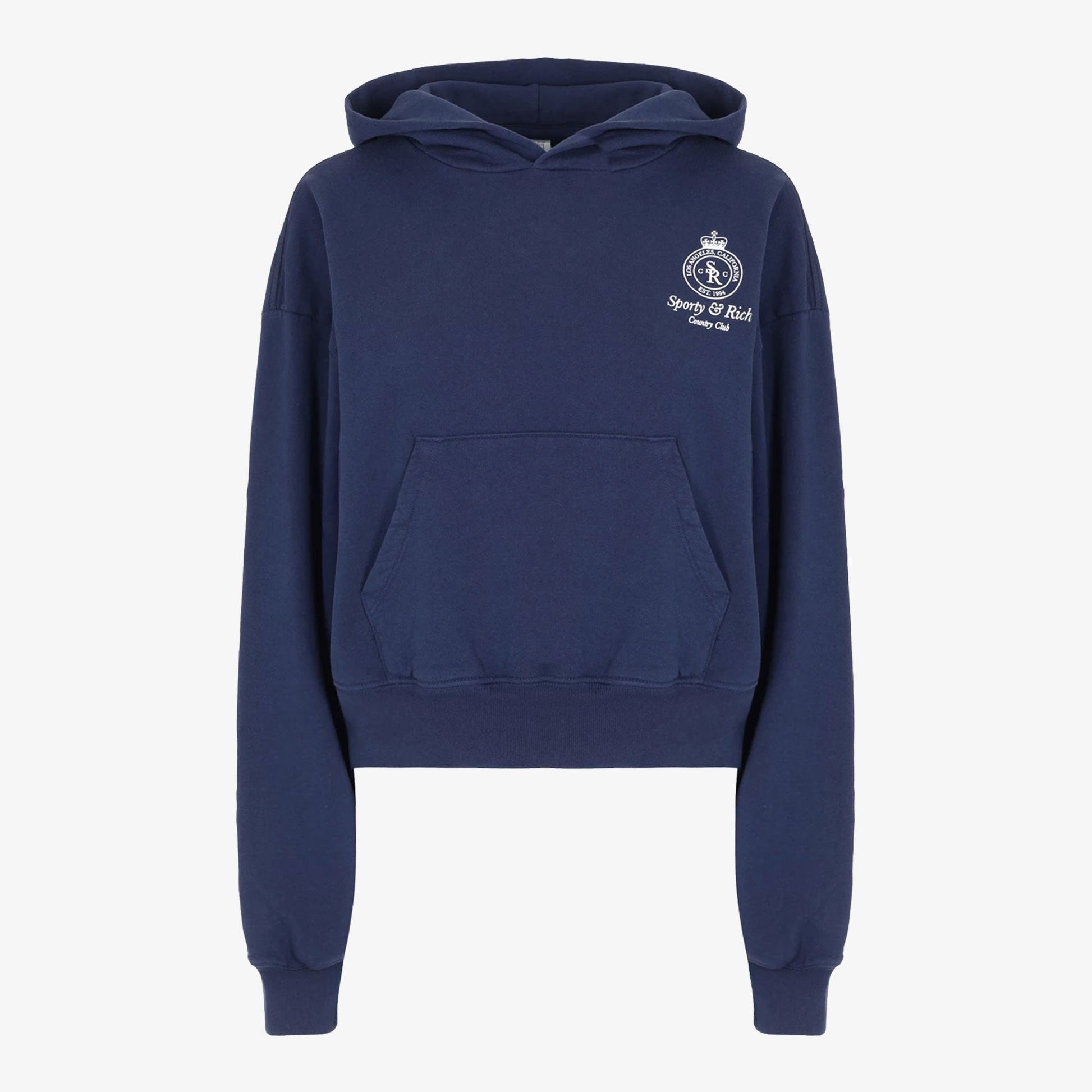 SPORTY & RICH | CROWN LOGO CROPPED HOODIE { NAVY/WHITE