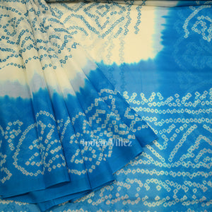 White Blue Pure Khaddi Georgette Bandhani Banarasi Saree