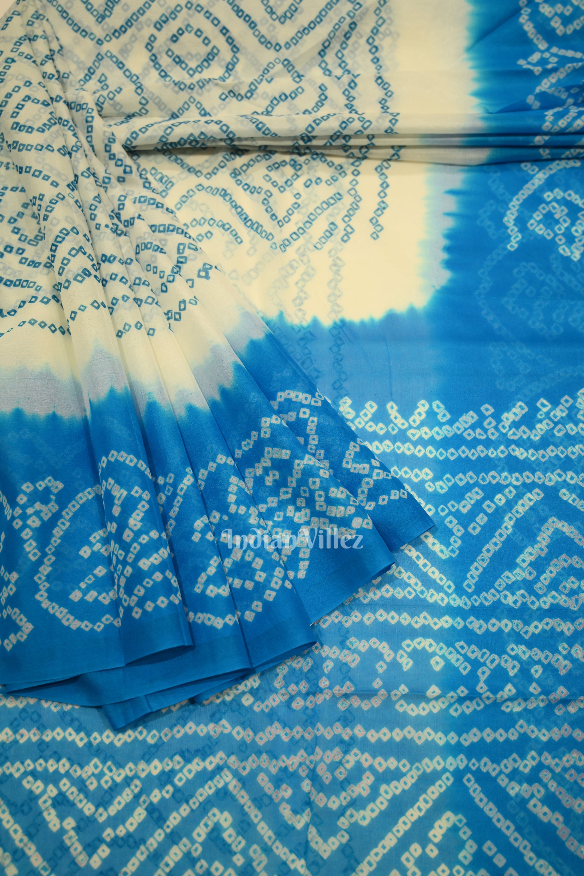 White Blue Pure Khaddi Georgette Bandhani Banarasi Saree
