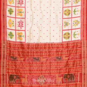 White Red Animal Theme Odisha Handloom Khandua Silk Saree