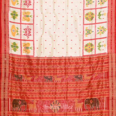 White Red Animal Theme Odisha Handloom Khandua Silk Saree