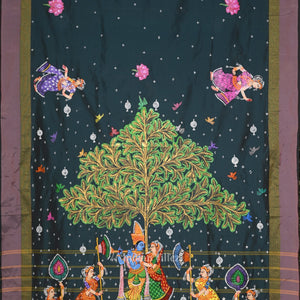 Blue Radha Krishna Raas Leela Hand-Painted Pattachitra Saree