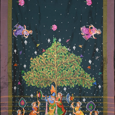 Blue Radha Krishna Raas Leela Hand-Painted Pattachitra Saree