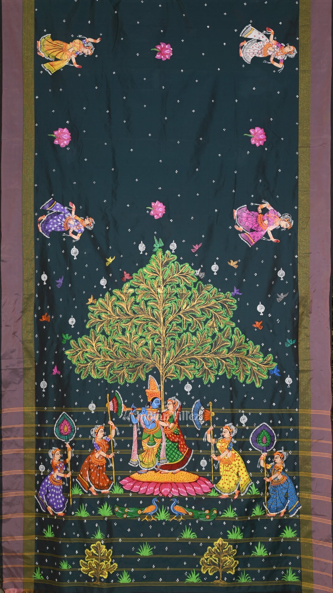 Blue Radha Krishna Raas Leela Hand-Painted Pattachitra Saree
