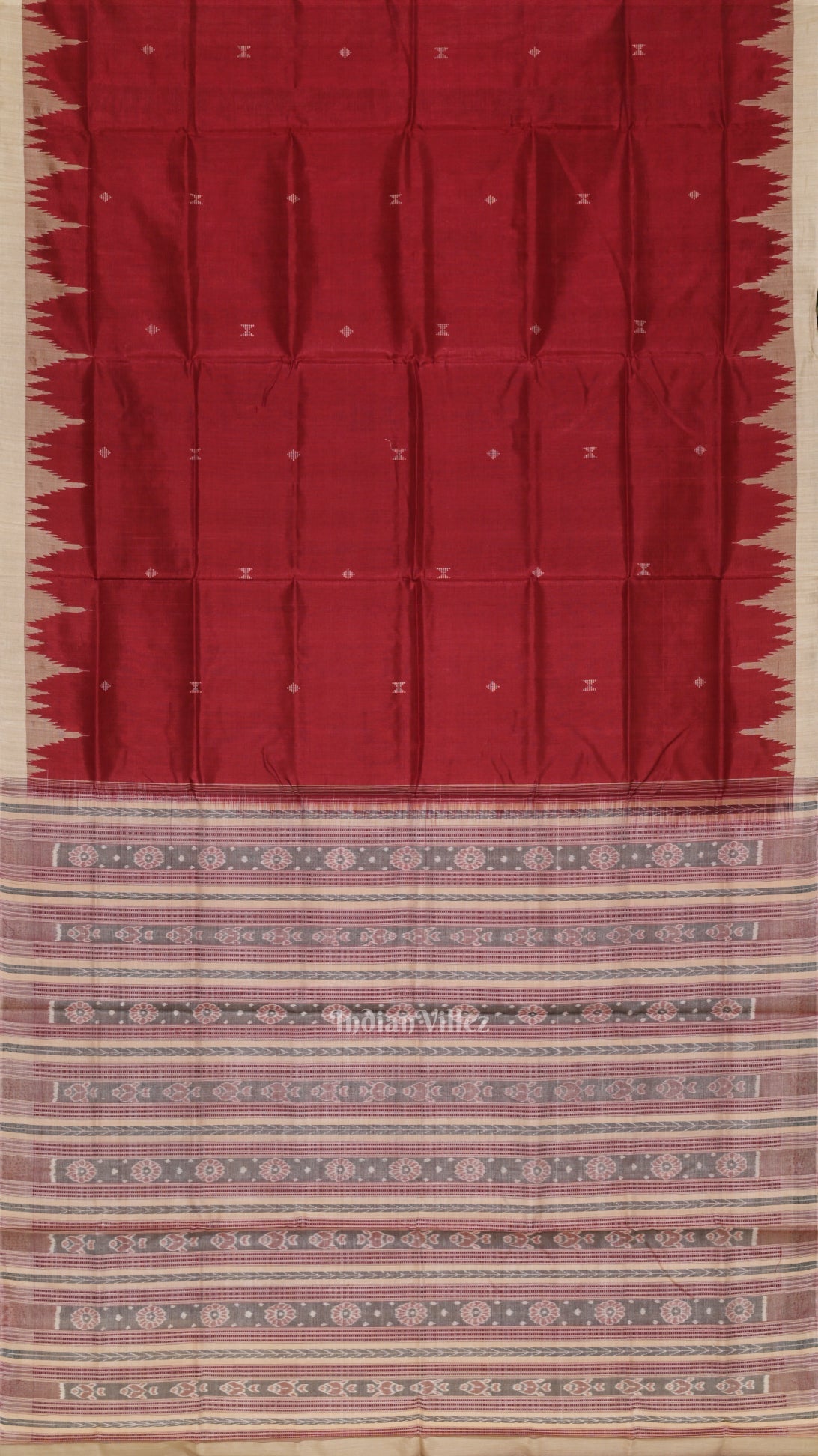 Maroon Red Cream Hazar Buti Bomkai Tussar Silk Saree with Sarabandha Anchal