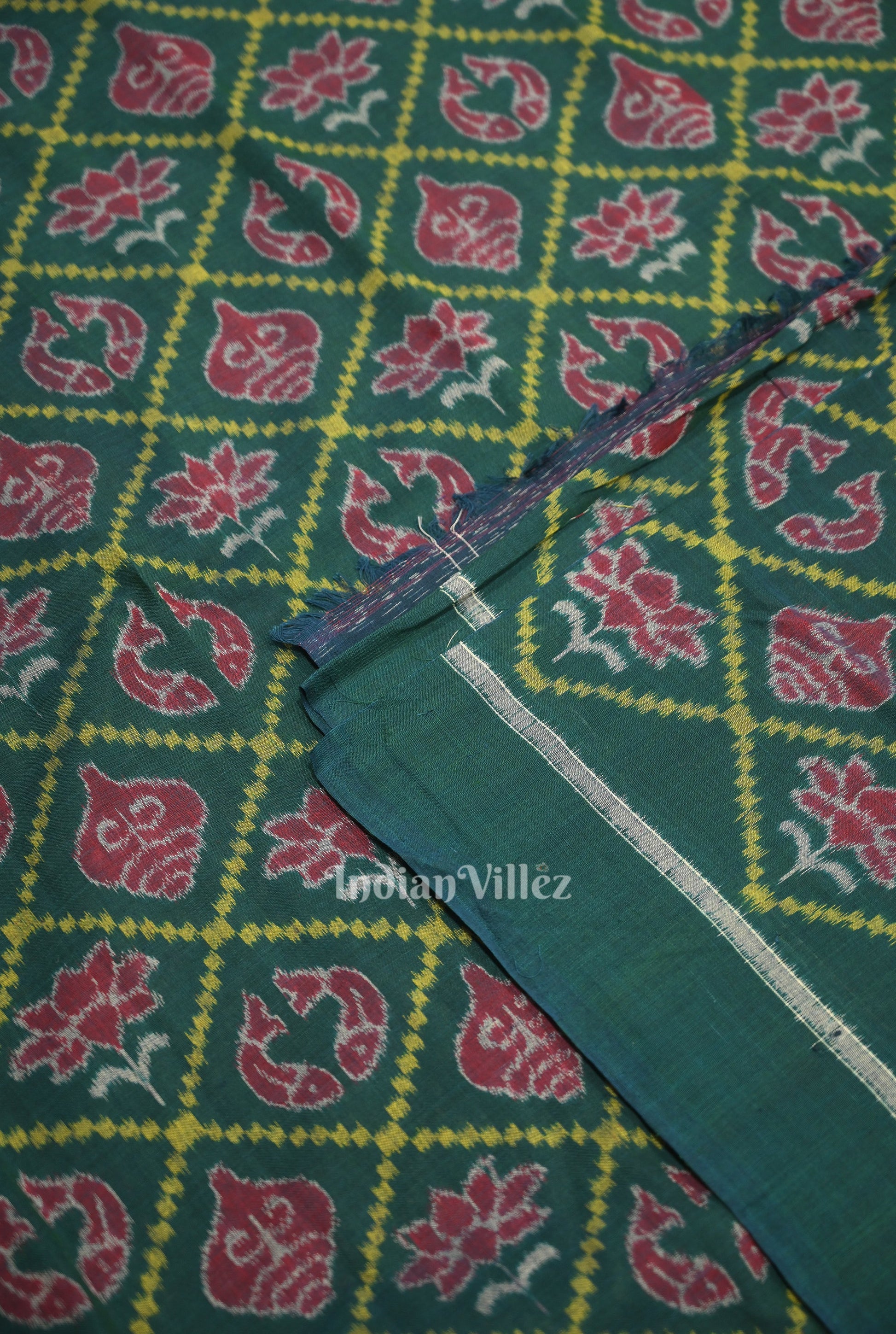 Green Laxmi Pada & Shankha Theme Sambalpuri  Cotton Fabrics