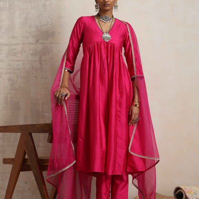trueBrowns Pink Silk Anarkali Kurta Pant Dupatta Set