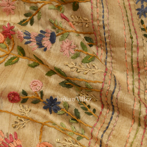 Off White Multi Color Flower Tussar Banarasi Silk Saree