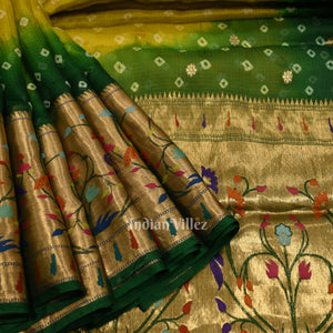 Yellow Green Bandhini  Banarasi Kota Silk Saree with Paithani Border