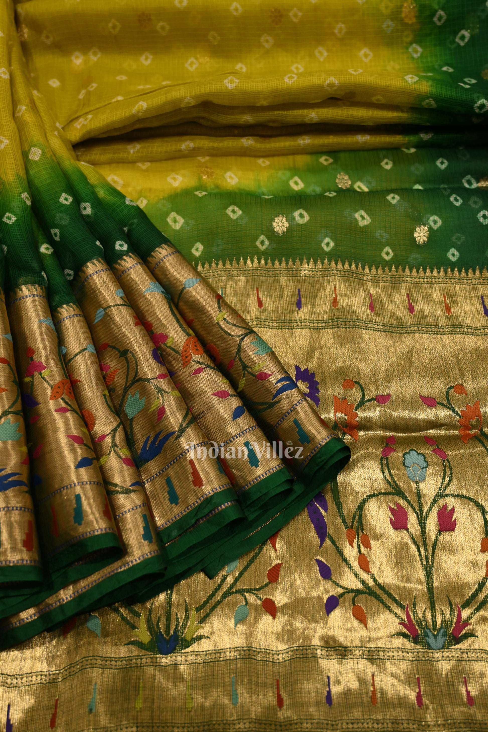 Yellow Green Bandhini  Banarasi Kota Silk Saree with Paithani Border