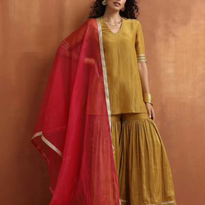 trueBrowns Gold Tissue Sharara Dupatta Set