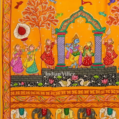 Yellow Krishna Rasa Leela Theme Hand-Painted Pattachitra Saree