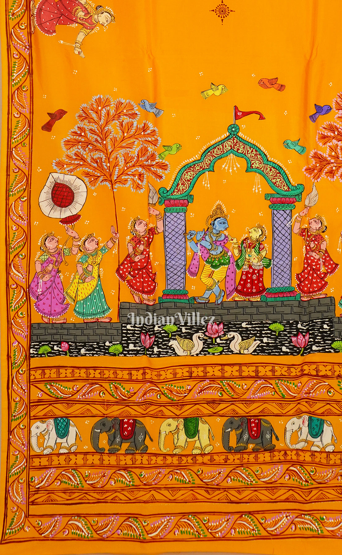 Yellow Krishna Rasa Leela Theme Hand-Painted Pattachitra Saree