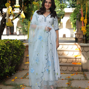 Blue Blossom Handpainted Cotton Silk Suit Set