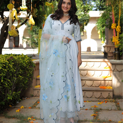 Blue Blossom Handpainted Cotton Silk Suit Set