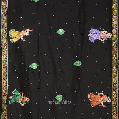 Black Blue  Raja Doli Theme Hand-Painted Pattachitra Saree