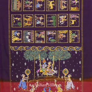 Purple Rasaleela Theme Hand-Painted Pattachitra Saree