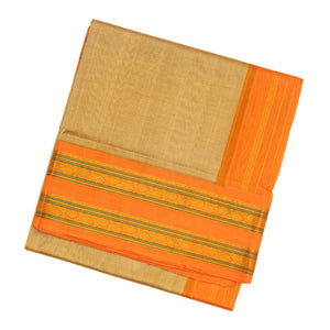 Beige Handloom Plain Silk Cotton Saree With Orange Border