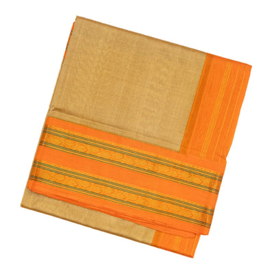 Beige Handloom Plain Silk Cotton Saree With Orange Border