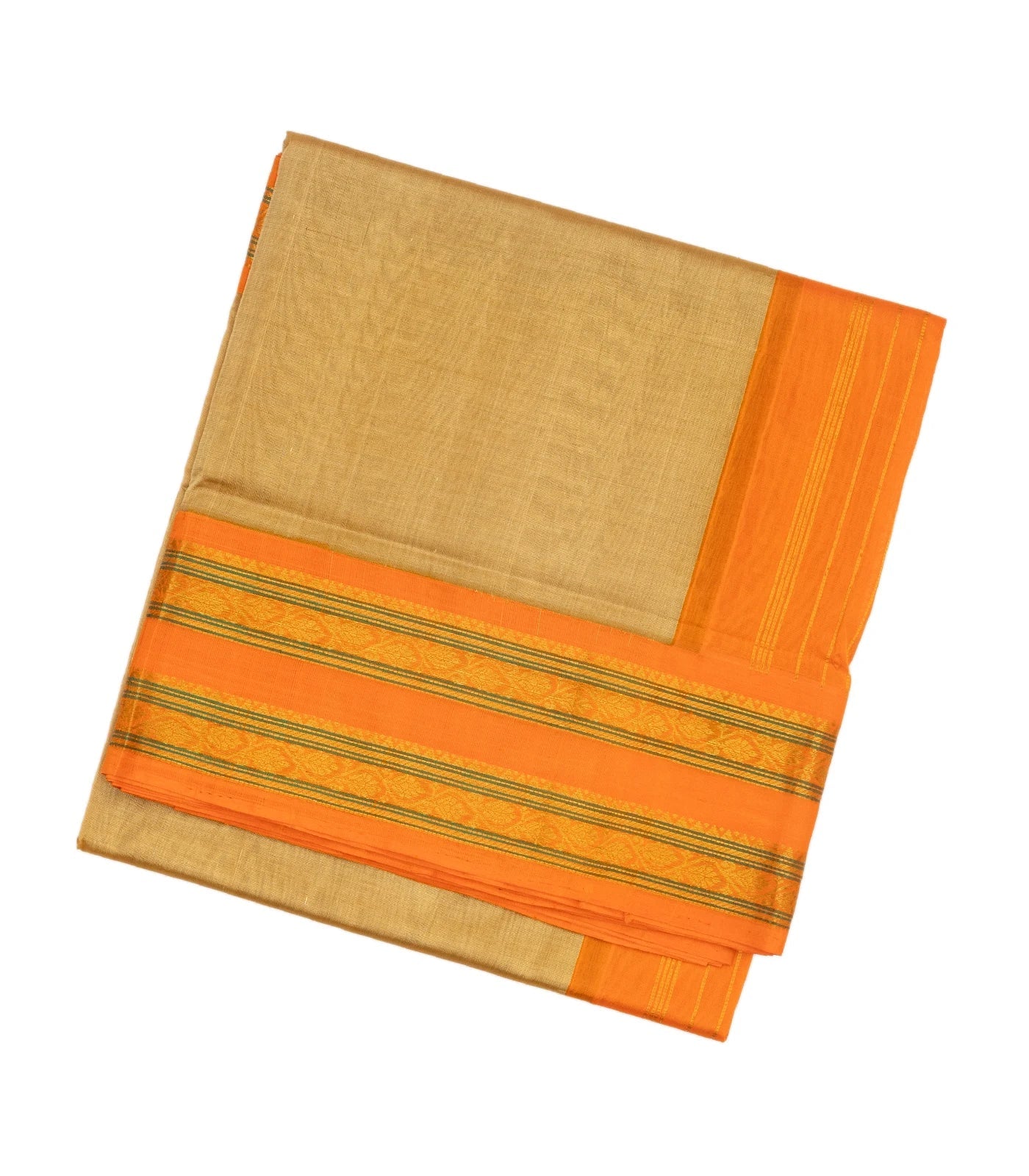 Beige Handloom Plain Silk Cotton Saree With Orange Border