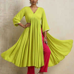 trueBrowns Lime Crinkle Anarkali Flared Kurta Set