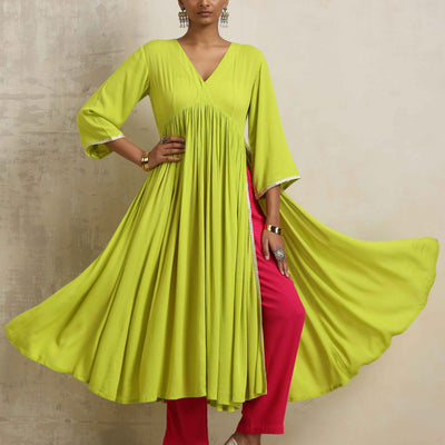 trueBrowns Lime Crinkle Anarkali Flared Kurta Set