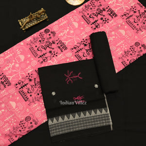 Pink Black Tribal Design Sambalpuri Dress Material & Dupatta