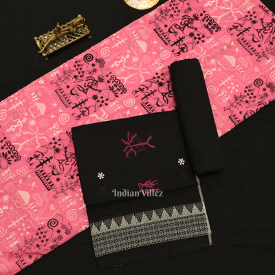 Pink Black Tribal Design Sambalpuri Dress Material & Dupatta