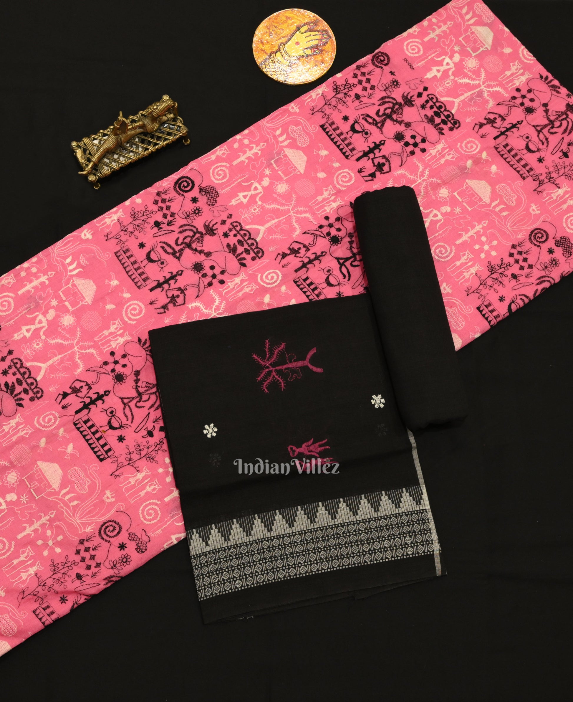 Pink Black Tribal Design Sambalpuri Dress Material & Dupatta