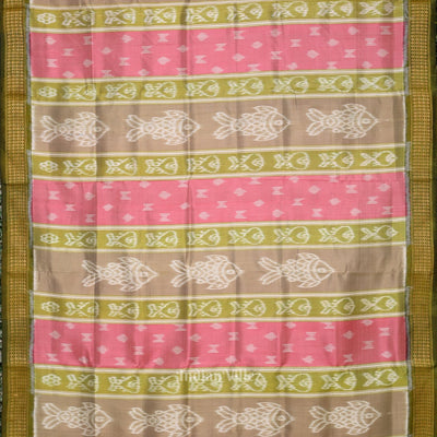 Pink Olive Green Fish Motif Odisha Ikat Khandua Silk Saree