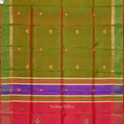 Mehendi Green Pink Pure Bishnupuri Silk Saree