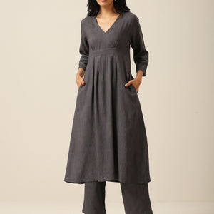 Slate Grey Slub Texture Overlap Pleat Kurta Pant Set | Relove