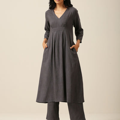 Slate Grey Slub Texture Overlap Pleat Kurta Pant Set | Relove