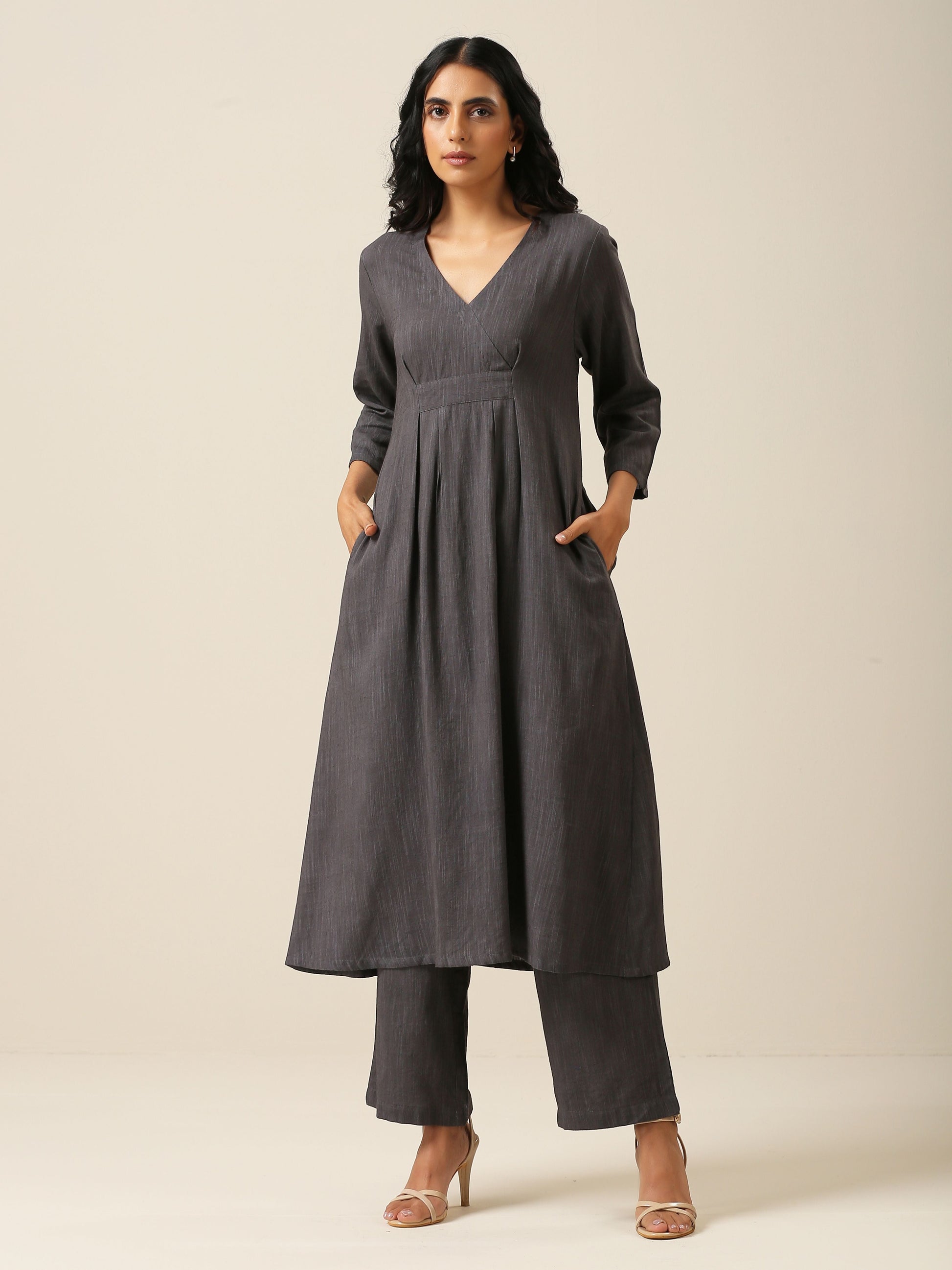 Slate Grey Slub Texture Overlap Pleat Kurta Pant Set | Relove