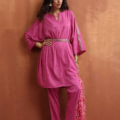 trueBrowns Pink Print Kaftan Kurta Co-ord Set