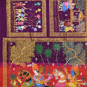 Purple Orange Hindu Festival Hand-Painted Pattachitra Saree