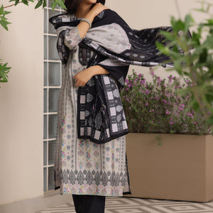 Grey Printed Silk Blend Straight Suit With Dupatta