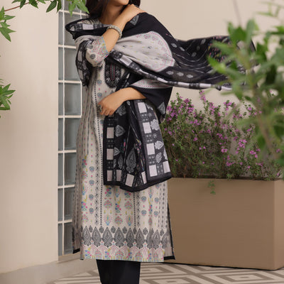 Grey Printed Silk Blend Straight Suit With Dupatta
