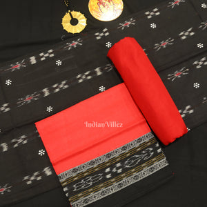 Black Red Flower Buti Odisha Ikat  Sambalpuri Dress Set & Dupatta