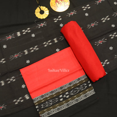 Black Red Flower Buti Odisha Ikat  Sambalpuri Dress Set & Dupatta