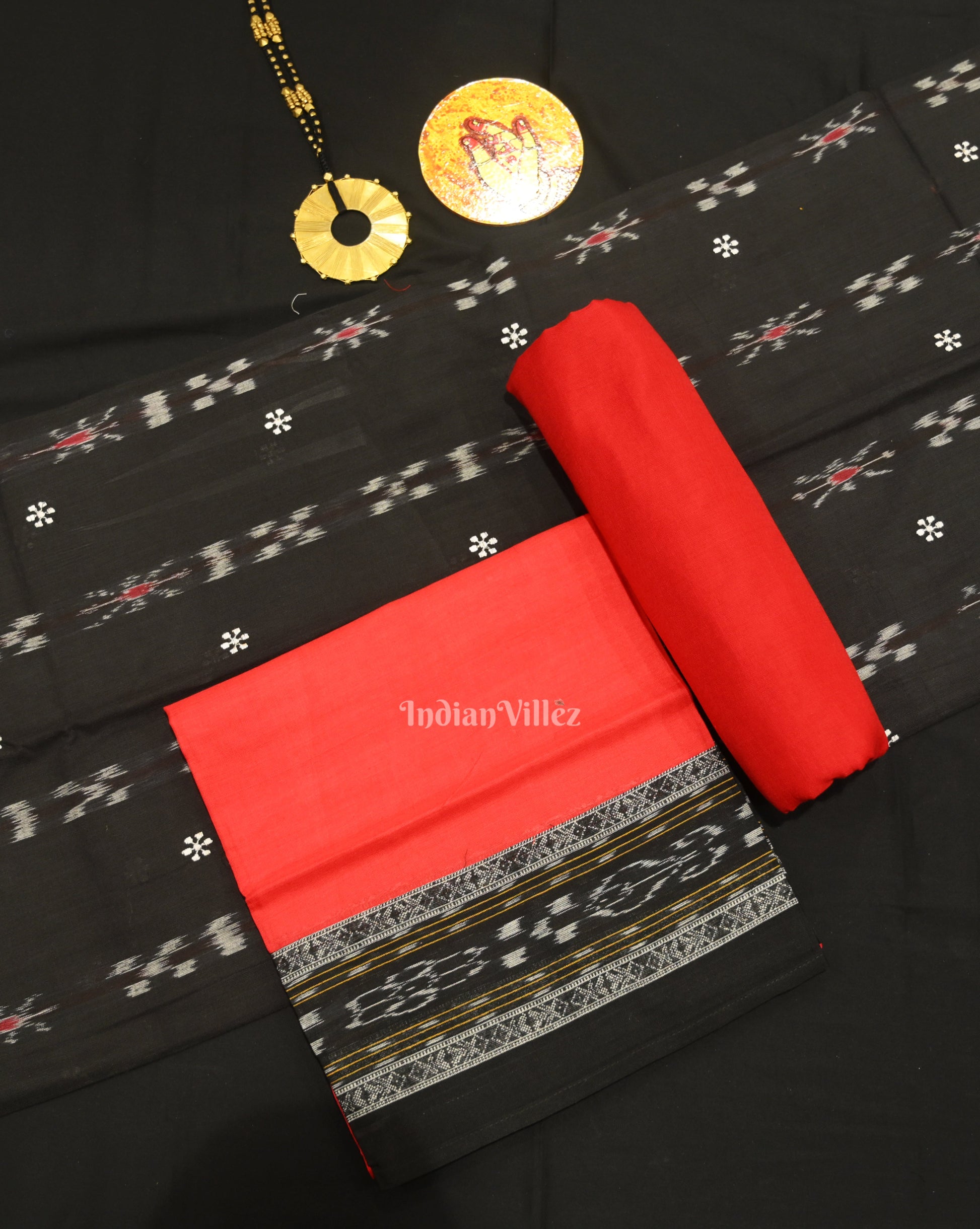 Black Red Flower Buti Odisha Ikat  Sambalpuri Dress Set & Dupatta