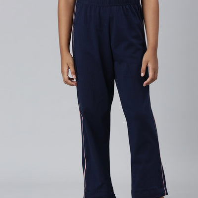 Girls Navy Side Stripe Mid Rise Track Pants