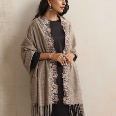 trueBrowns Beige Embroidered Woollen Stole