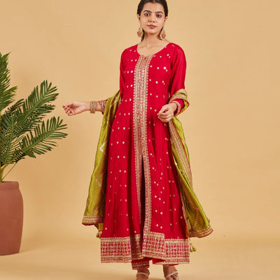 Bright Red Anarkali Set With Lime Green Dupatta